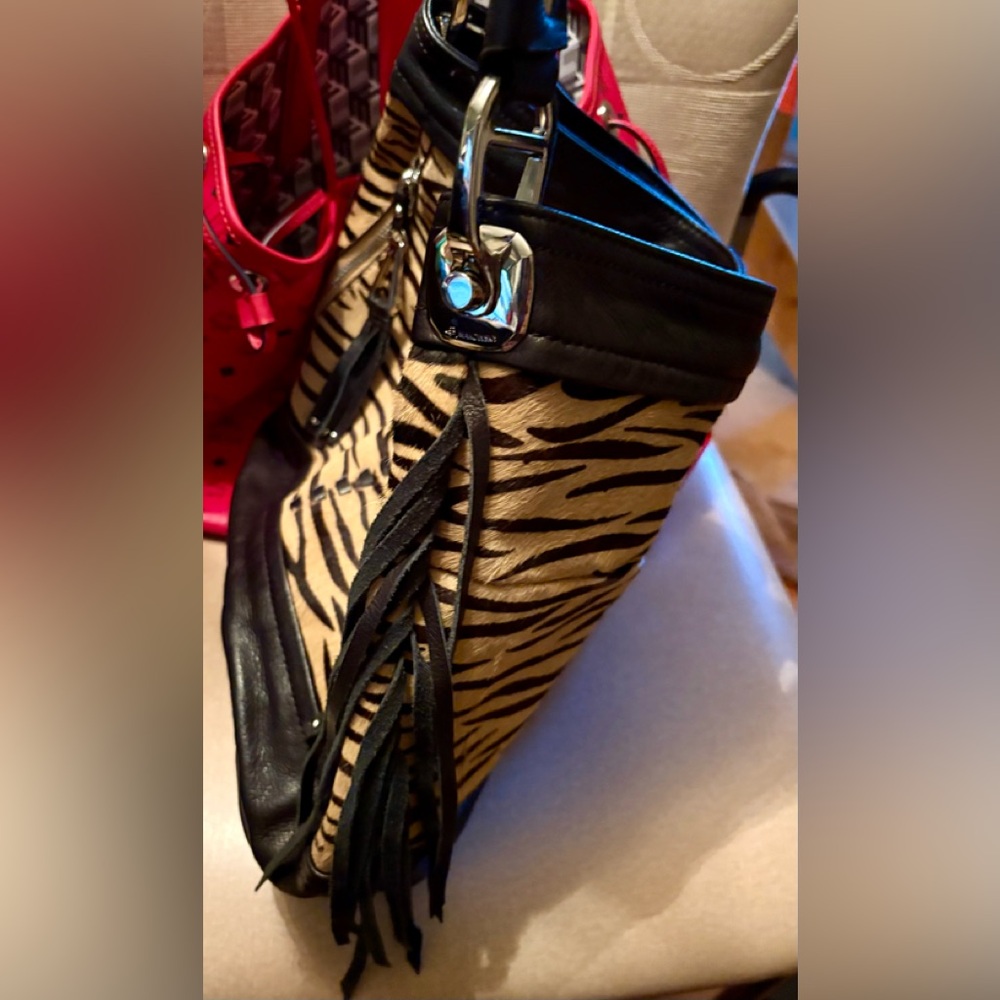 B. Makowsky Zebra Black Calf hair & leather Hobo Shoulder Bag - Picture 7 of 10